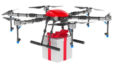 Drone with gift, 3D rendering Illustrazione stock