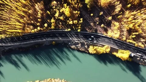 Drone glides above river bends surrounded by autumn brilliance. Stock Footage 310782032
