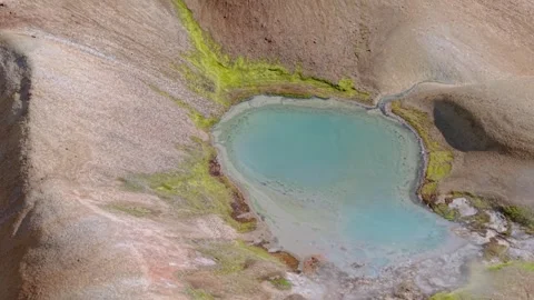 Drone glides over Landmannalaugar’s steaming pools, mineral slopes Stock Footage 324967041