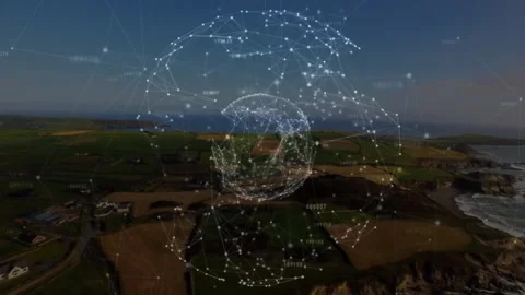 Drone gliding coast emerging data orb expanding into rotating inner cluster for 스톡 동영상 312004012