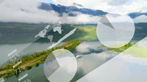 Drone gliding over lake toward spit, starting tech charts growing, hiding, 스톡 동영상 332613666