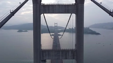 Drone Go Through Bridge Pillar, Tsing Ma Bridge, Hong Kong, Close Up Shot Stock Footage 247833381