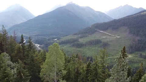 Drone Going Down from Scenic Mountain Valley to Forest Trees Stock Footage 248906253