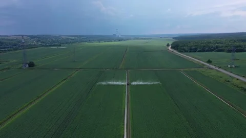 Drone gradually lifting over green fields Stockbeeldmateriaal 329054877