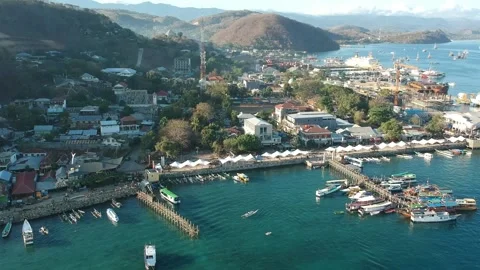 Drone, harbour town high viewpoint, island, Labuan Bajo Indonesia Stock Footage 131435048