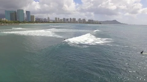 Drone Hawaii Fly Over Surfers With City In Background Stock Footage