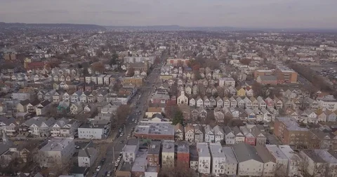 Drone high over Wayne NJ many buildings Stock Footage 99209138