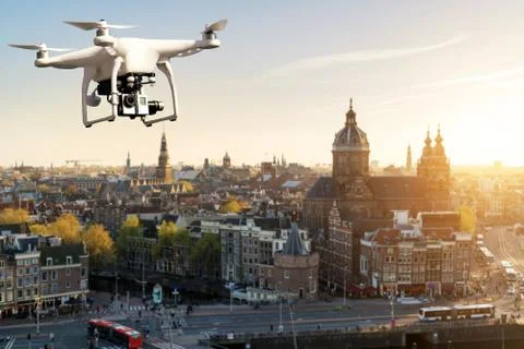 Drone with high resolution digital camera flying over Amsterdam historical ci Stock Photos