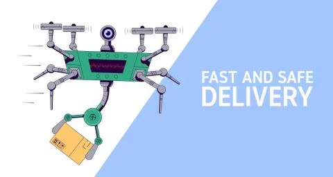 Drone holding box fly flat style background 스톡 일러스트