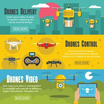 Drone horizontal banners set with delivery and control elements Stock Illustration
