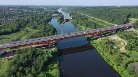 Drone horizontal rotation showing bridge and canal system Stock Footage 321642948