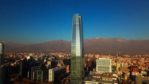Drone Horizontal Tracking Panoramic View over Santiago with Sun Glare refle.. Stock Footage 339254210