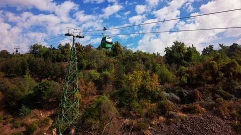 Drone Horizontal Tracking View of Green Cable Cars Moving Near a Metal Supp.. Vídeos de archivo 339254138