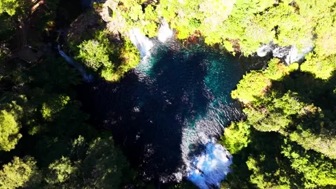 Drone Horizontal Zooming In Top Down View of Ojos del Caburgua Blue Forest .. Vídeos de archivo 339252265