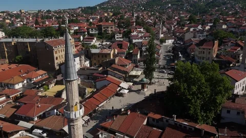 Drone Hover of Bascarsija Mosque Minaret and Sebilj Fountain Square, 4K Stock Footage 337181060