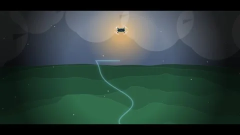 Drone hovering above digital landscape with glowing horizon line against mi.. Video stock 346716073