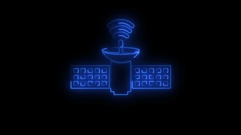 Drone hovering above a satellite dish in a dark environment with blue LED lights Stock Footage 345693490