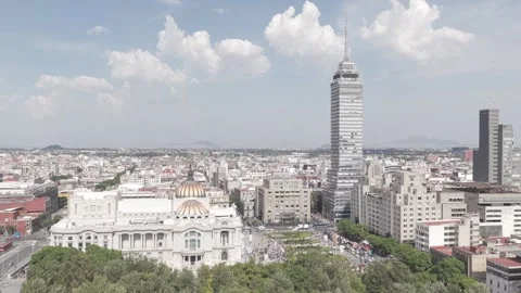 Drone hovering over Alameda Central with panoramic views of Torre Stock Footage 342331240