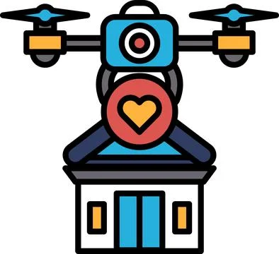 A drone is hovering over a building with a heart on it Ilustración de archivo