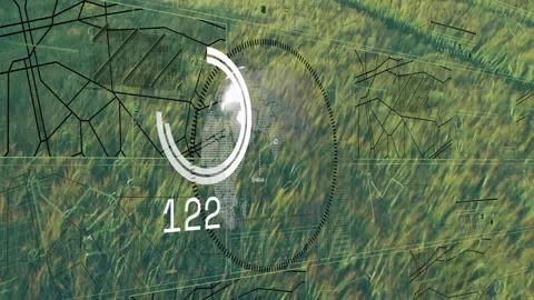 Drone hovering over crop field, HUD appearing, tracking white object, numbers Stock Footage 334033847