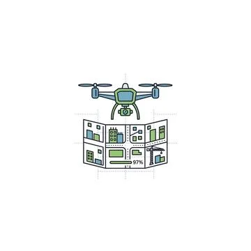 Drone hovering over digital building plans Ilustración de archivo