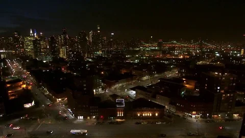 Drone hovering over  Long Island City, looking North East to Manhattan Skyline Stock Footage 73750313