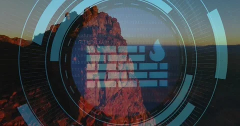 Drone hovering over red cliff at sunset starting rotating HUD with firewall icon Stock Footage 317741238