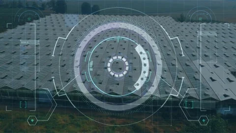 Drone hovering over solar panel array starting scanning overlay and rotating Stock Footage 317260588
