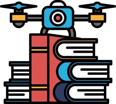 A drone is hovering over a stack of books Stock Illustration