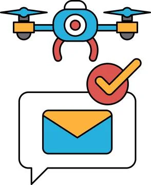 A drone is hovering over a white envelope with a check mark on it Stock Illustration