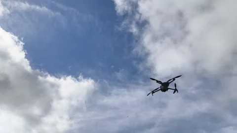 Drone hovering under a cloudy sky seen from the ground Stock Footage 337717838