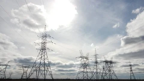 Drone Hovers Around High Voltage Electric Tower Stock Footage 169978202