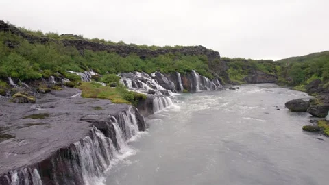 Drone Hraunfossar Waterfalls Backwards Over Beautiful West Iceland Stock Footage 256698875
