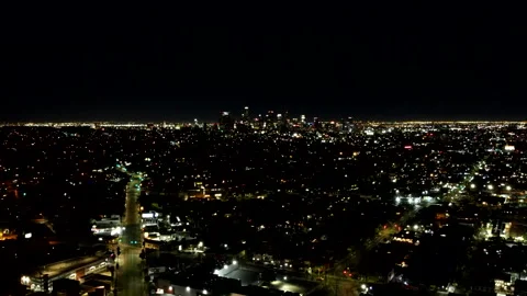 Drone Hyper-lapse of Downtown Los Angeles at Night Stock Footage 146340235