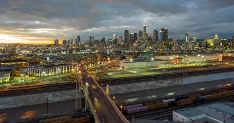 Drone hyper-lapse of Fourth Street Bridge leading into downtown Los Angeles Stock Footage 148250173