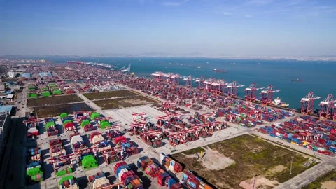 Drone Hyperlapse of Busy International Container Terminal at Guangzhou Port, 4K. Stock Footage 339640261