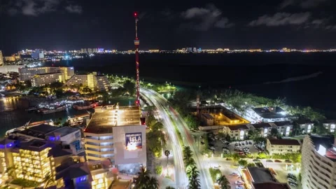 Drone Hyperlapse of Cancún city at night, México. Aerial shot of traffic Video stock 247635849