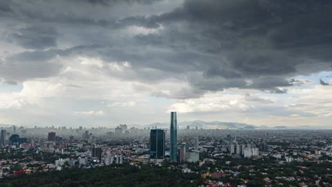 Drone Hyperlapse of Mexico City Skyline at Sunset with Storm Clouds Stockbeeldmateriaal 316230382