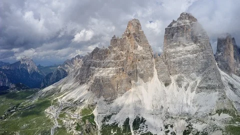 Drone hyperlapse of a mountain peaks in summer Tre Cime in Italy, Dolomites Stock Footage 115532370