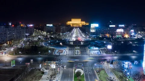 Drone Hyperlapse Over City Palace of Parliament Bucharest Night 4K Stock Footage 116262001