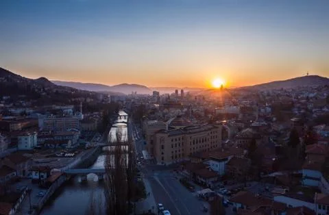 Drone hyperlapse of Sarajevo during the sunset. Drone timelapse. Sunset Stock Photos