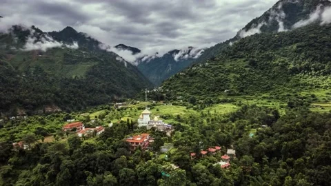 Drone hyperlapse timelapse Himalaya temple mountains view scenic 4k, India Video stock 227229678