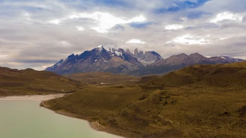 Drone Hyperlapse of Torres del Paine at sunset in Patagonia, Chile Stock Footage 111834467