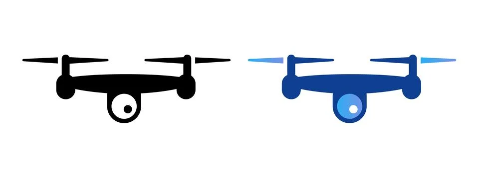 Drone icon with camera set black and blue color simple unmanned aerial vehicl Stock Illustration