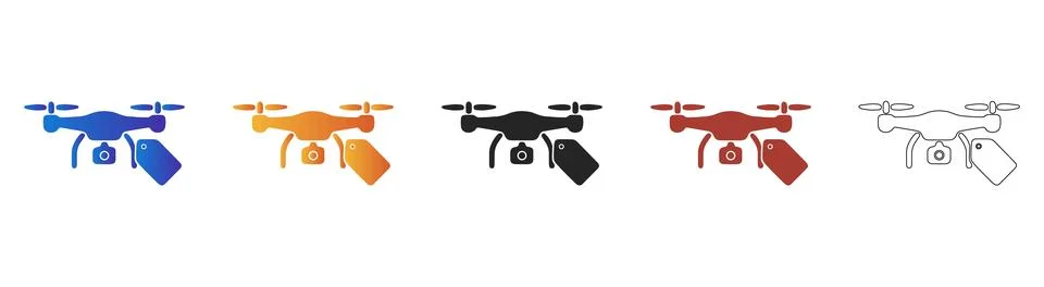 Drone icon set with camera and retail price tags Stock Illustration