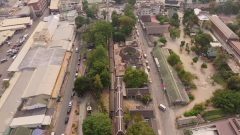 Drone image of iconic bridge with train passing through, Thailand Stock Footage 304659345
