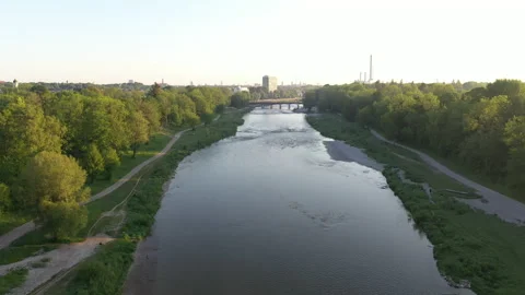 Drone image of isar river flowing into Munich Stock Footage 164951639