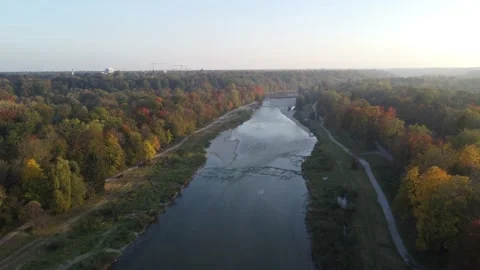 Drone image of isar river flowing into Munich Stock Footage 164951849