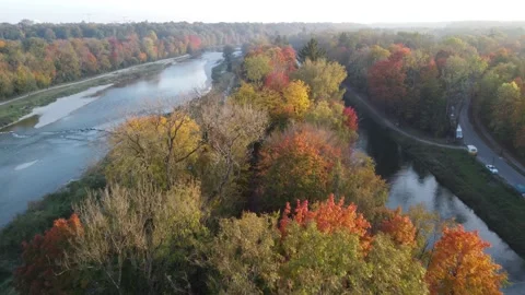 Drone image of isar river flowing into Munich Stock Footage 164952018
