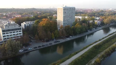 Drone image of isar river flowing into Munich Stock Footage 164952081